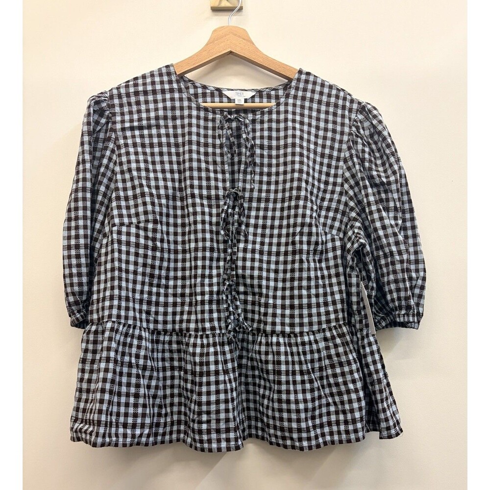 Time and Tru Top Womens 2X Blue Gingham Peplum Puff Sleeve Cottagecore NWT
